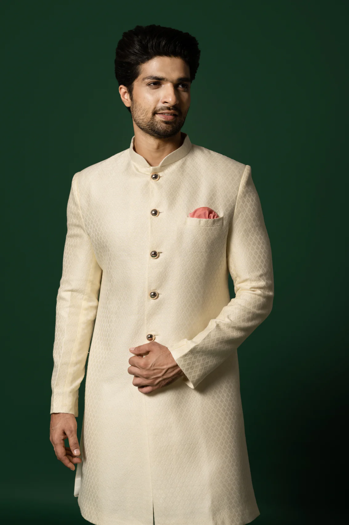 Cream Textured Sherwani with Churidar - Image 3