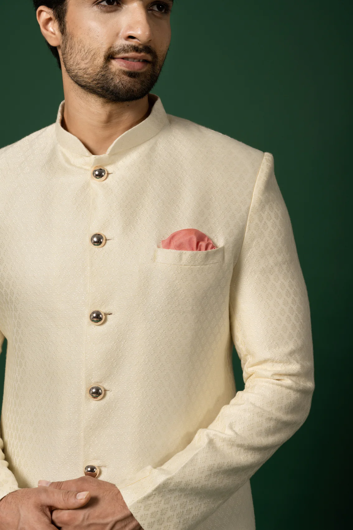 Cream Textured Sherwani with Churidar - Image 4