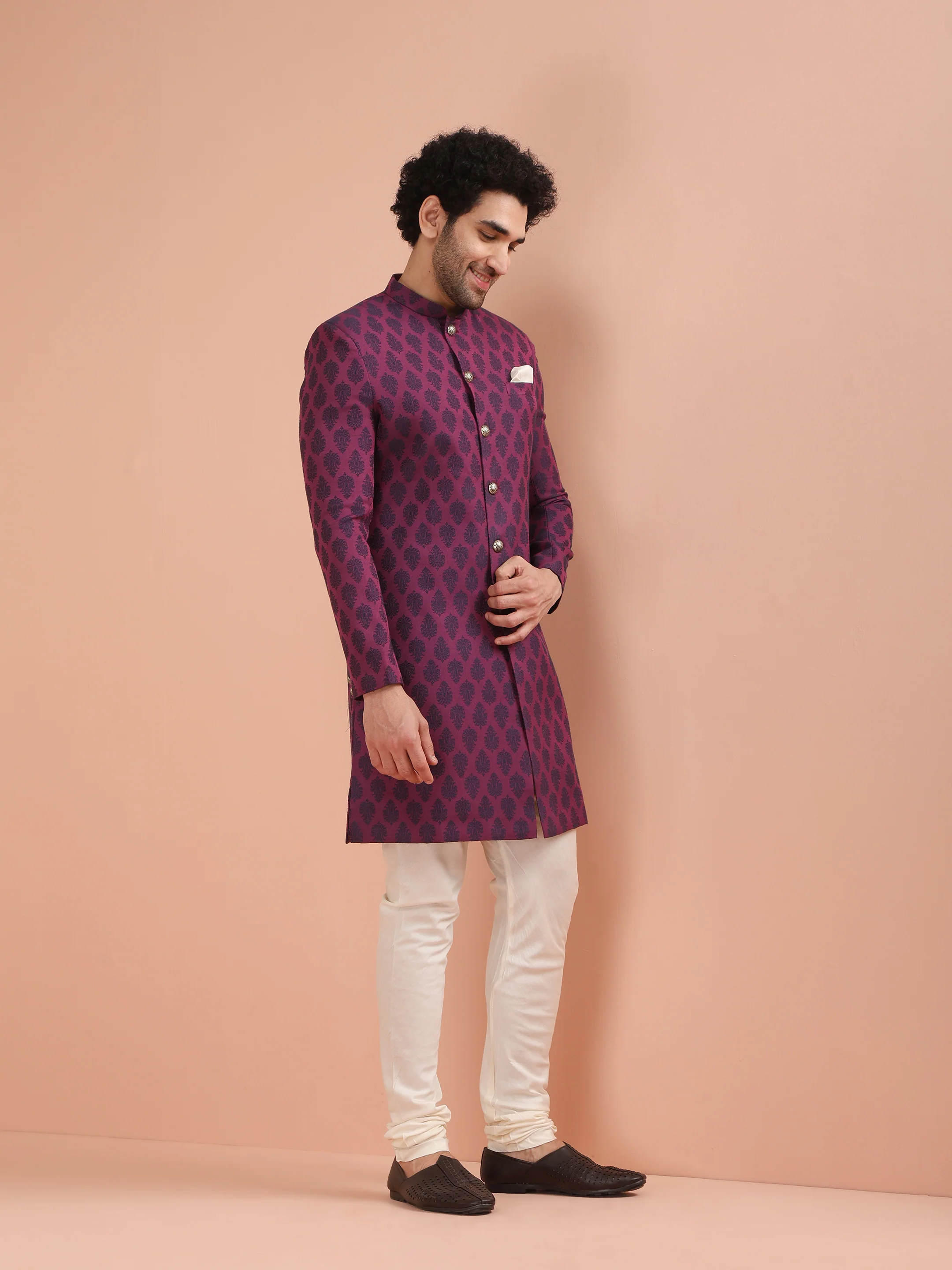 Wine Jacquard Sherwani with Cream Churidar - Image 3