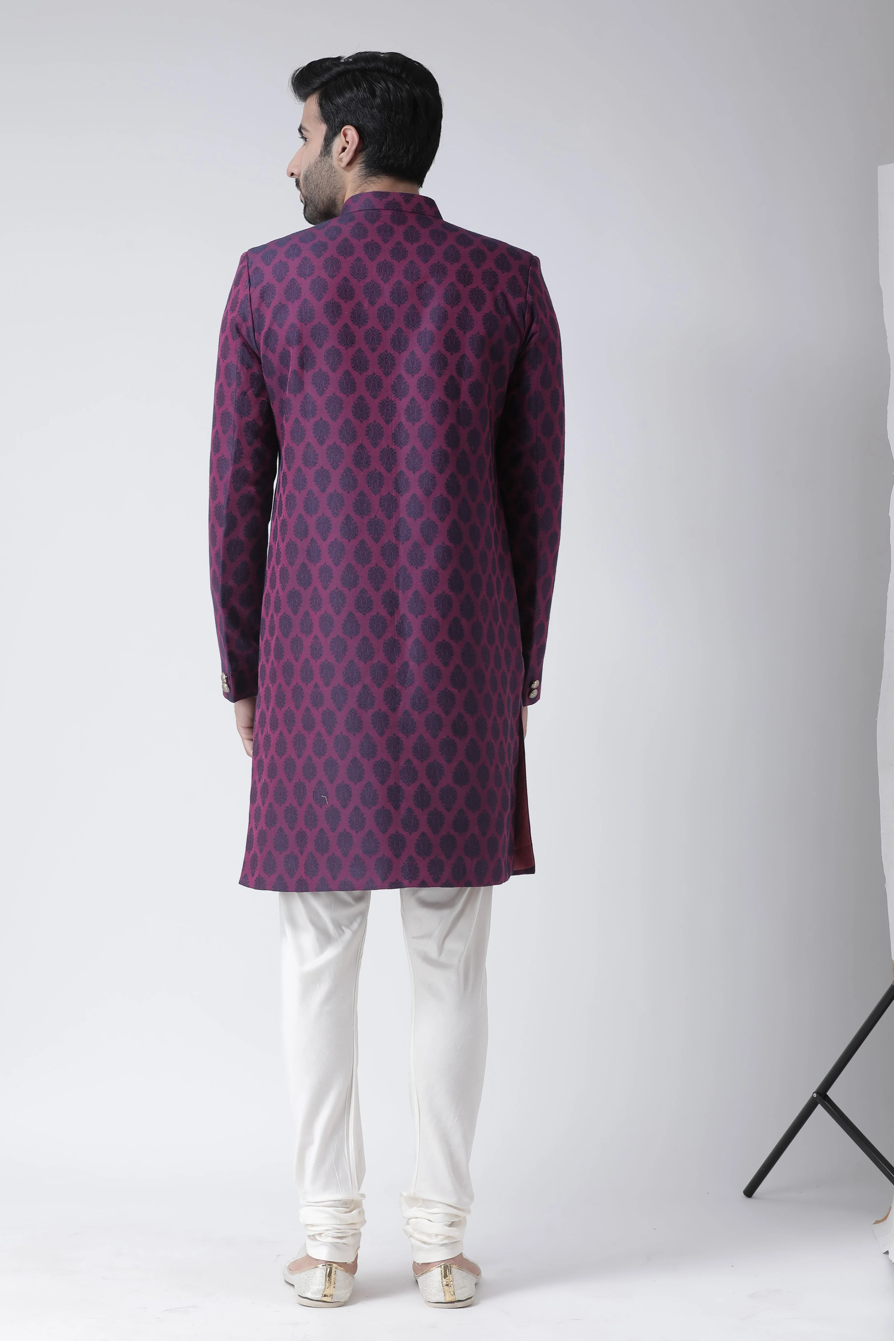 Wine Jacquard Sherwani with Cream Churidar - Image 4