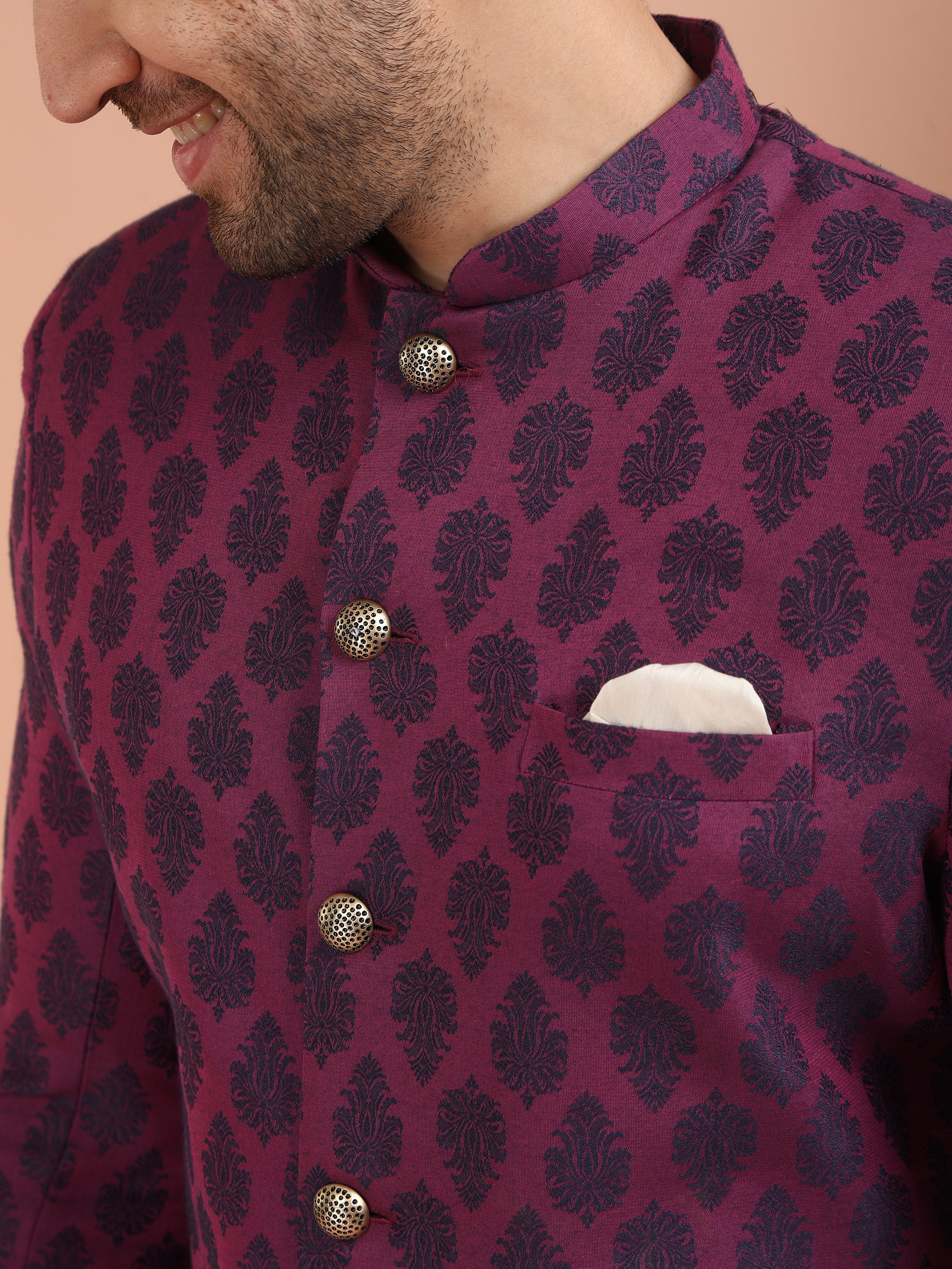 Wine Jacquard Sherwani with Cream Churidar - Image 5