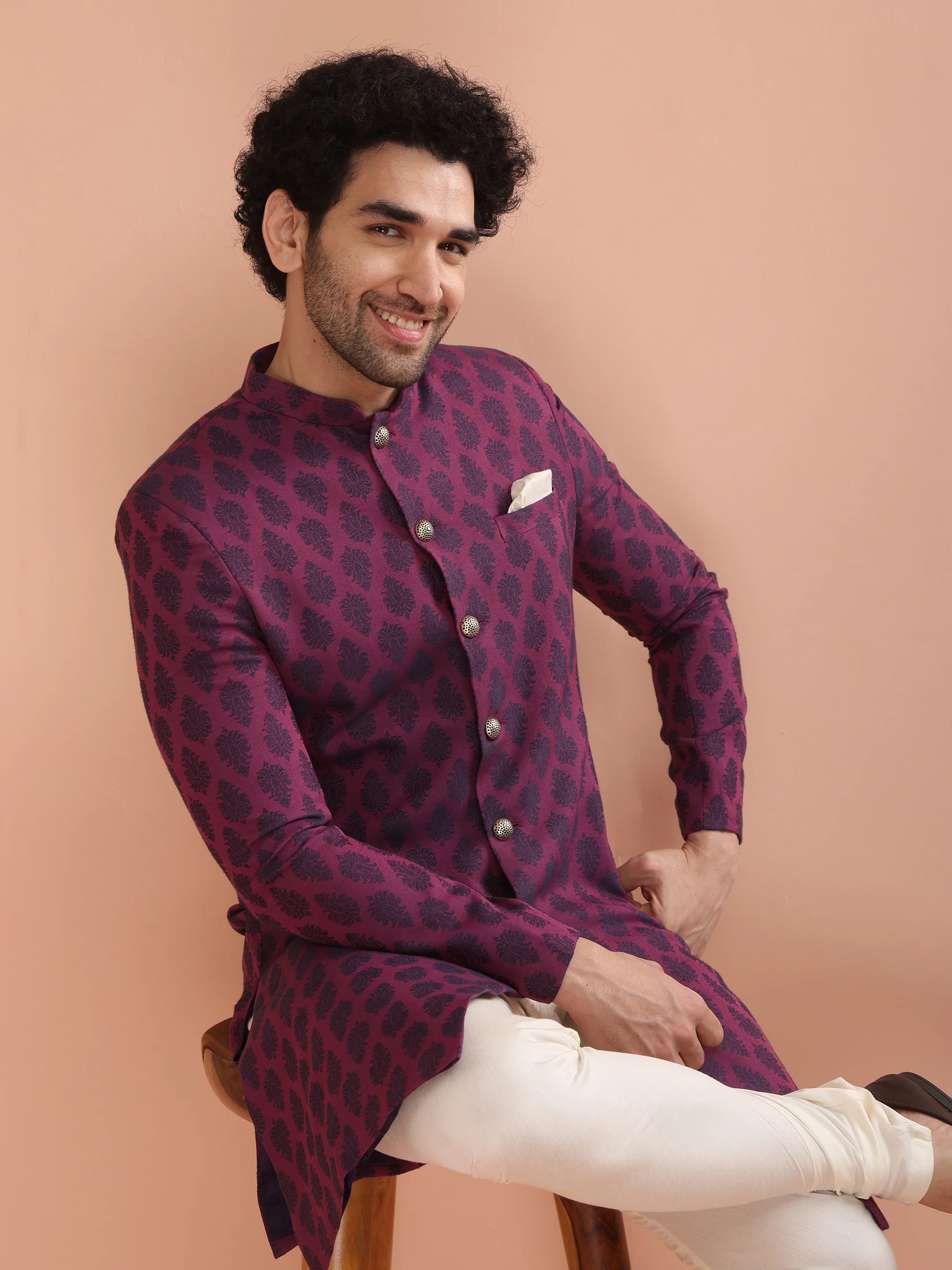 Wine Jacquard Sherwani with Cream Churidar - Image 7