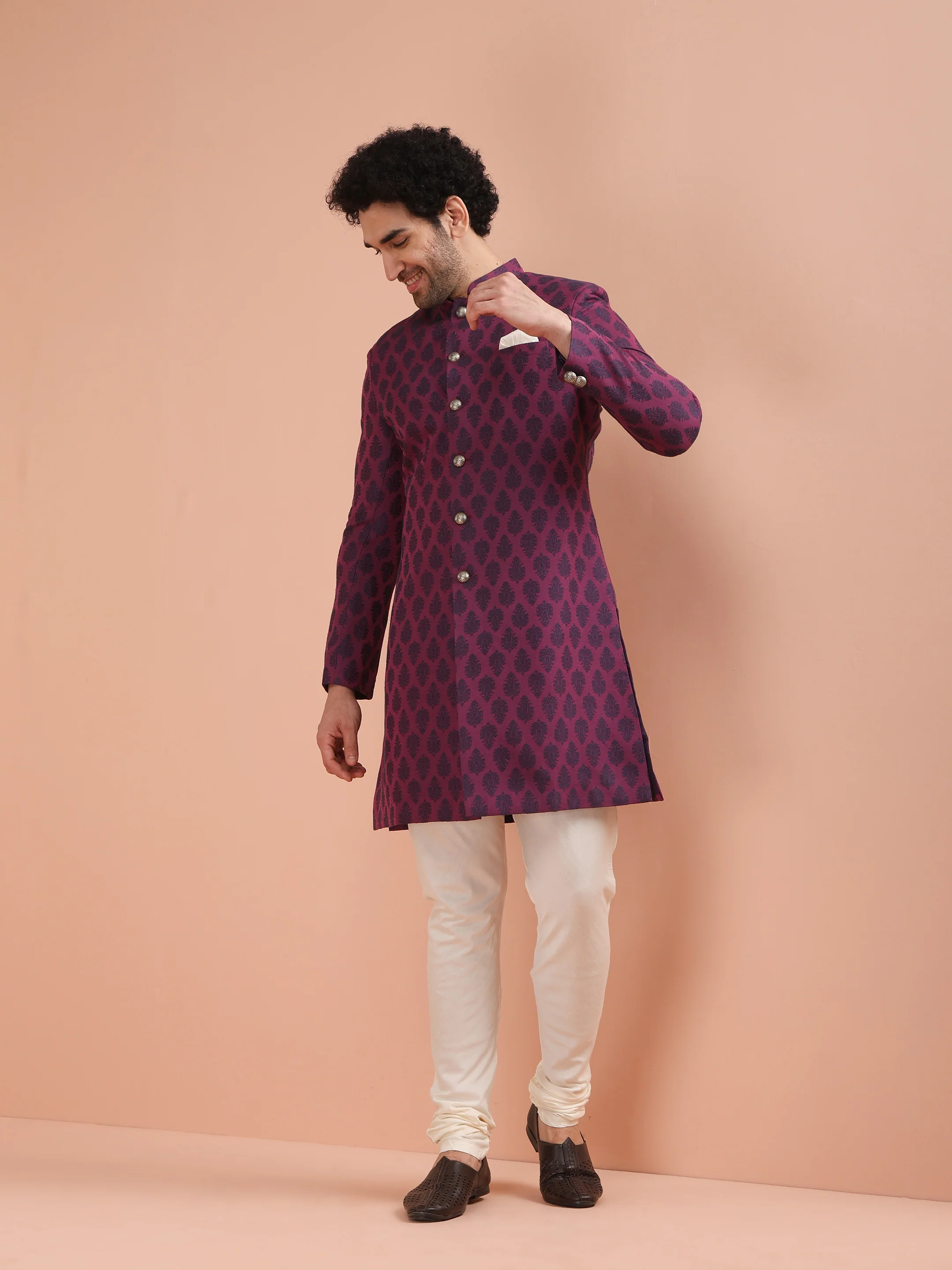 Wine Jacquard Sherwani with Cream Churidar - Image 8