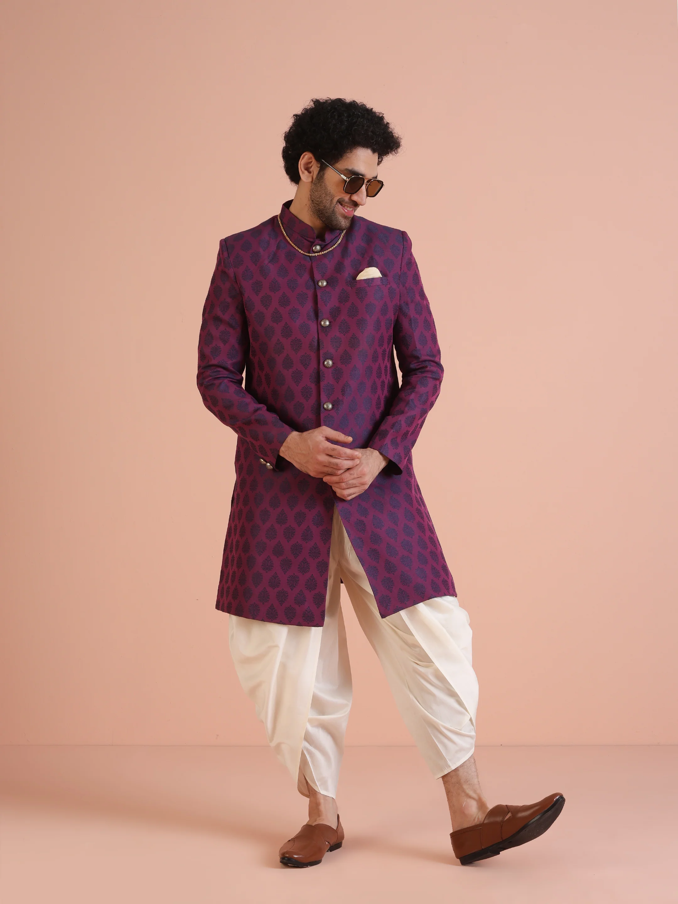 Wine Jacquard Sherwani with Cream Dhoti