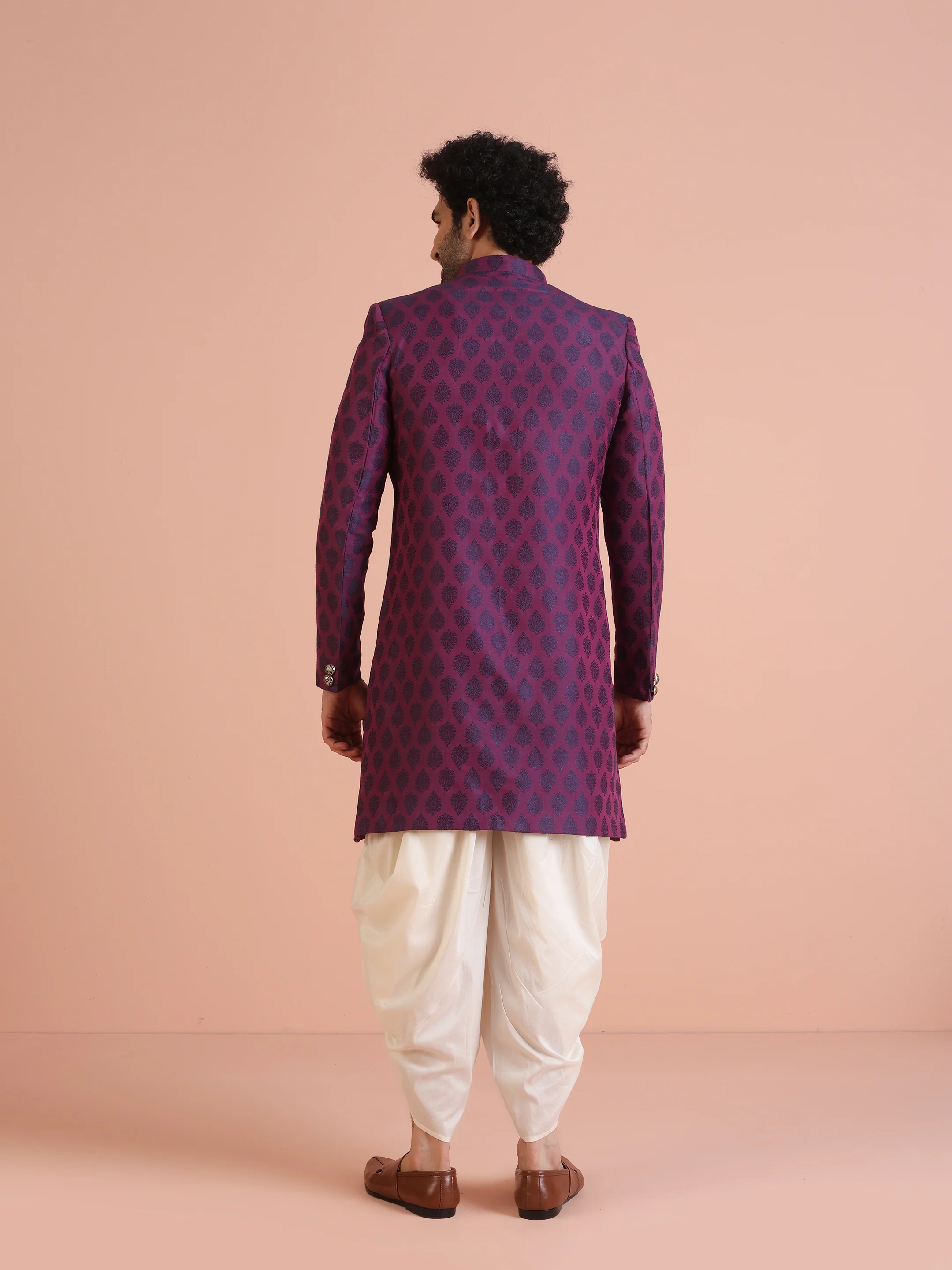 Wine Jacquard Sherwani with Cream Dhoti - Image 4