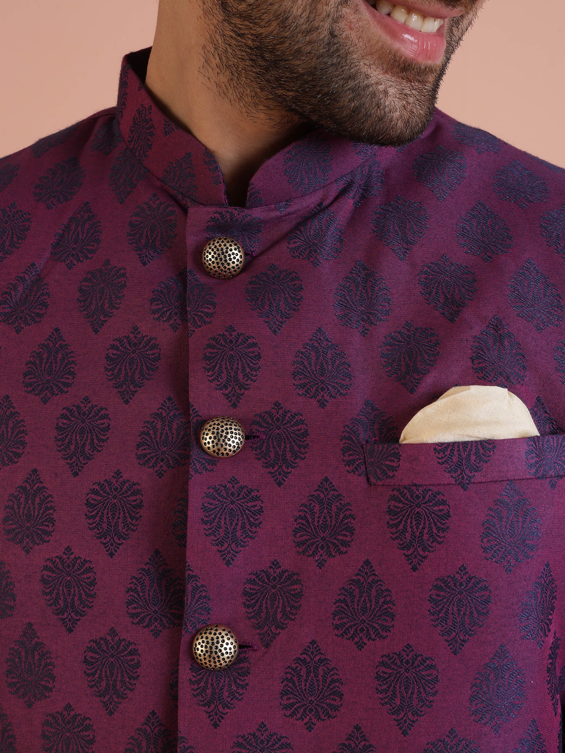 Wine Jacquard Sherwani with Cream Dhoti - Image 5