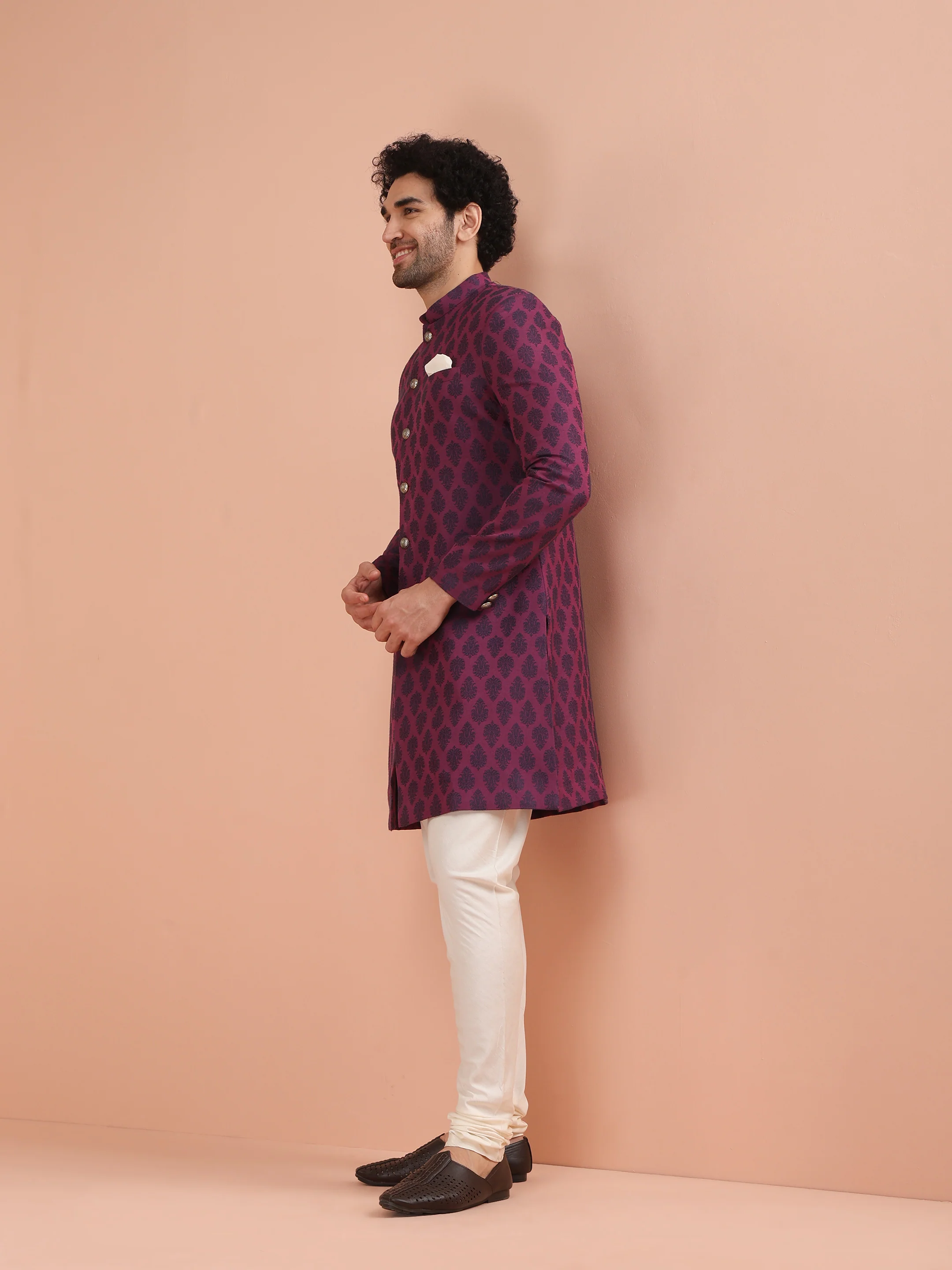 Wine Printed Sherwani Trouser Set - Image 3