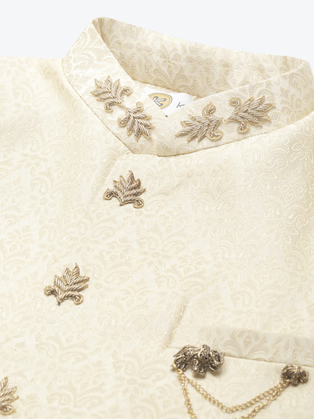 Men Cream Textured Solid Indowestern Churidar with Dupatta Set - Image 3