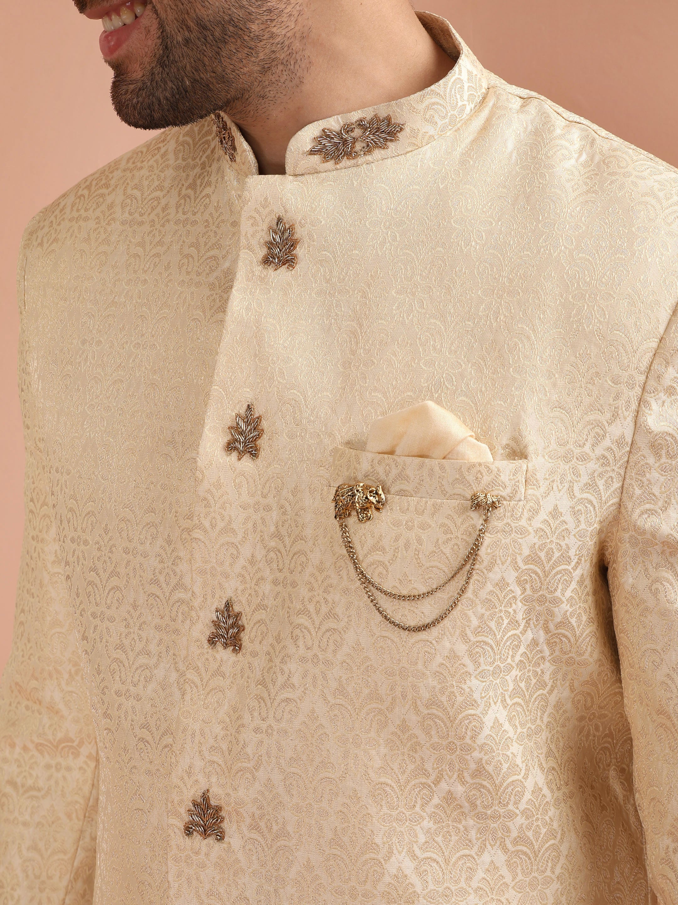 Men Cream Jacquard Indowestern Churidar Set with Dupatta with Ethnic Motifs - Image 4