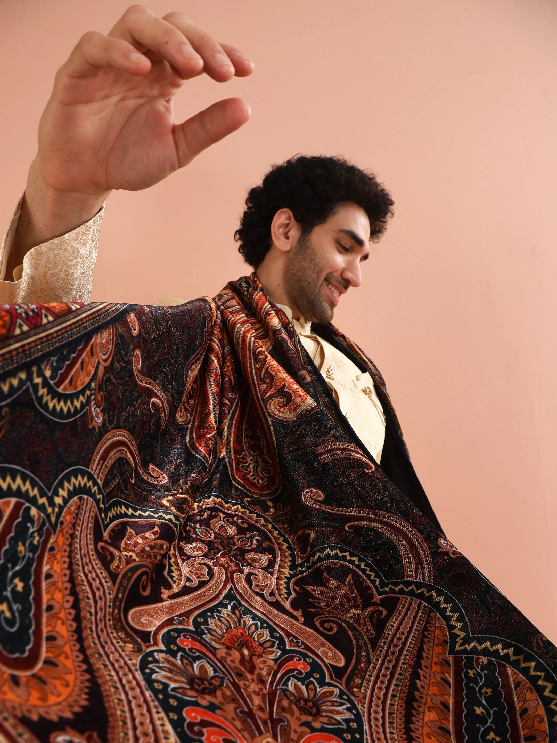 Men Cream Jacquard Indowestern Churidar Set with Dupatta with Ethnic Motifs - Image 6