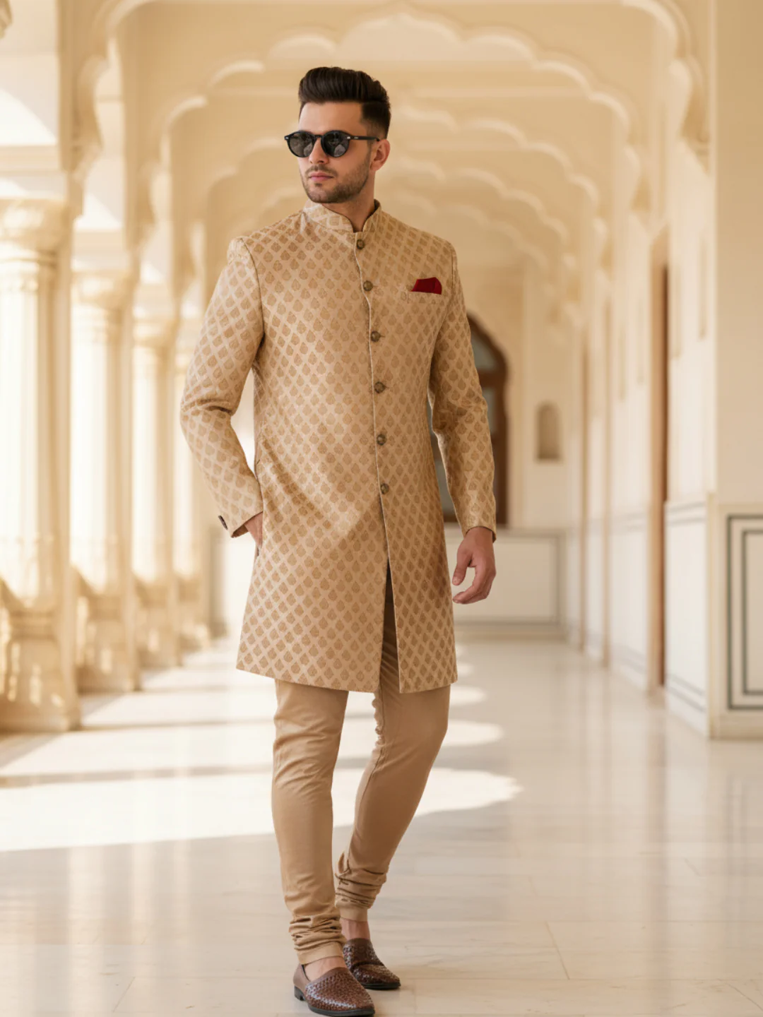Beige Silk Blend Textured Sherwani Churidar Set - Image 2