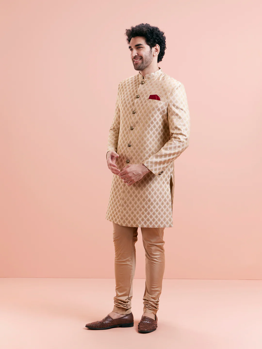 Beige Silk Blend Textured Sherwani Churidar Set - Image 4