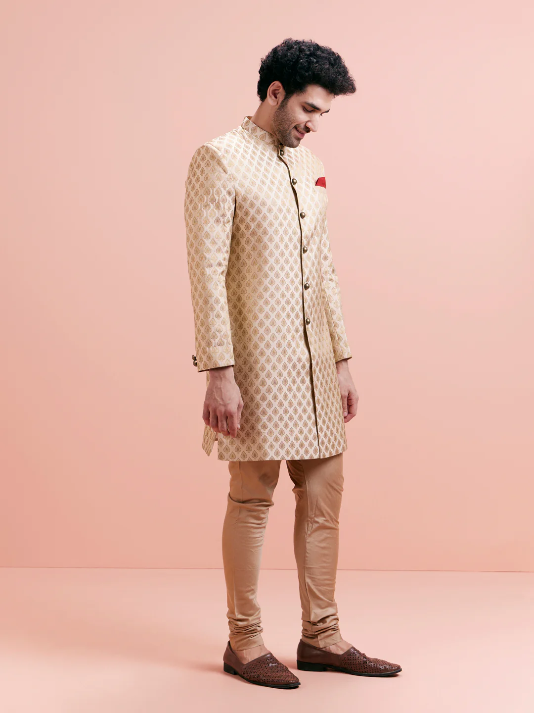Beige Silk Blend Textured Sherwani Churidar Set - Image 5