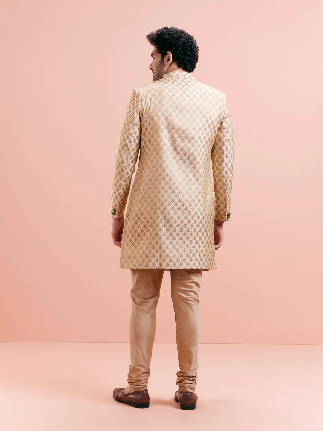 Beige Silk Blend Textured Sherwani Churidar Set - Image 9