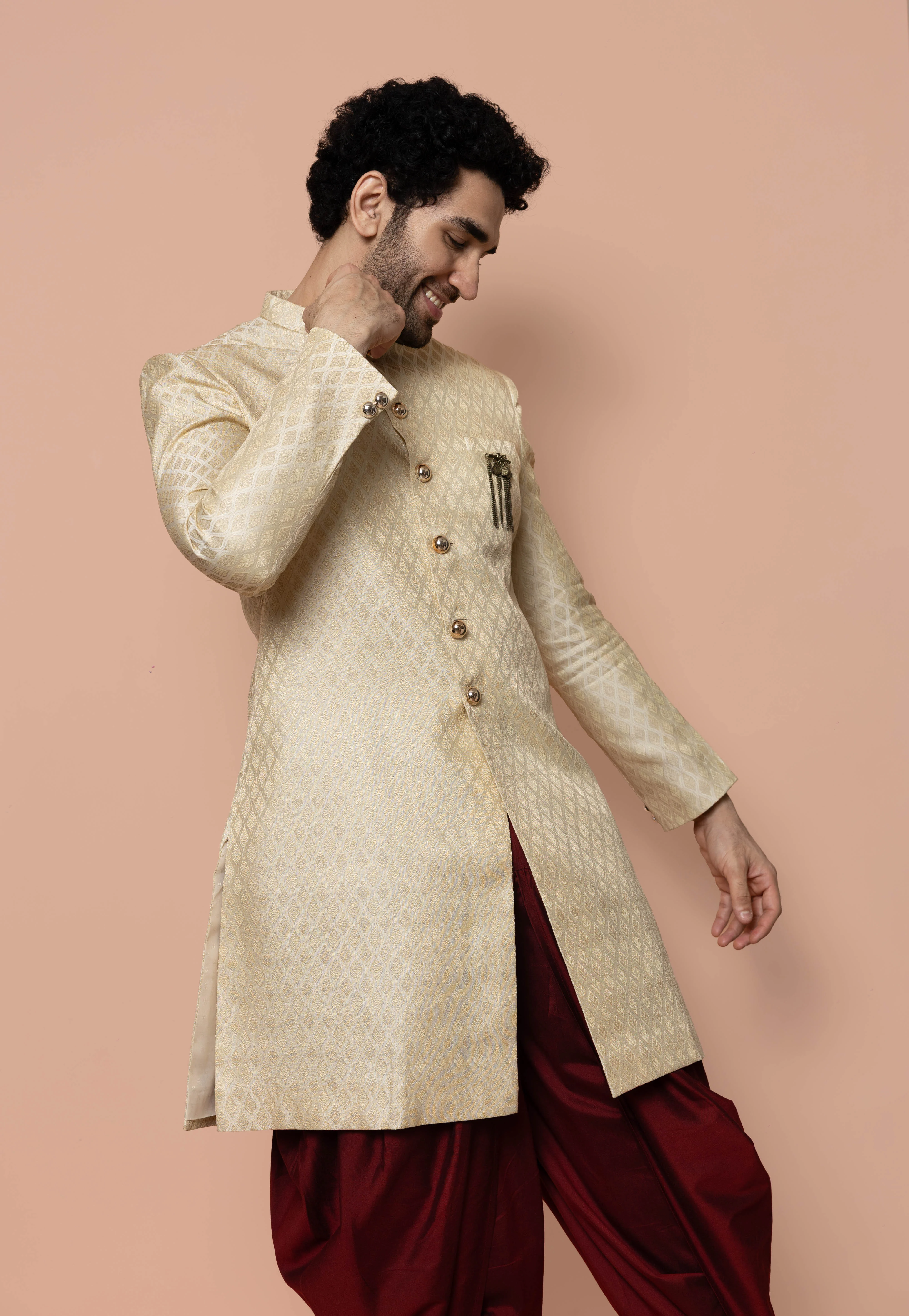 Men Cream Textured Solid Indowestern Dhoti Set - Image 7