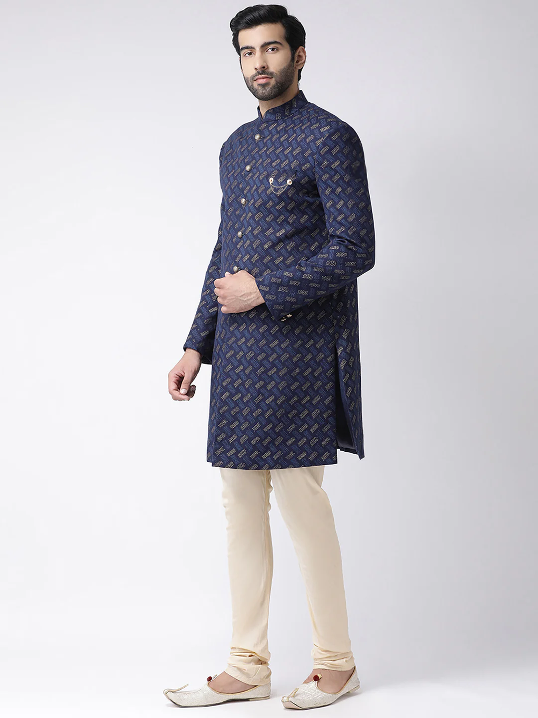 Navy Blue Jacquard Sherwani with Beige Churidar - Image 3
