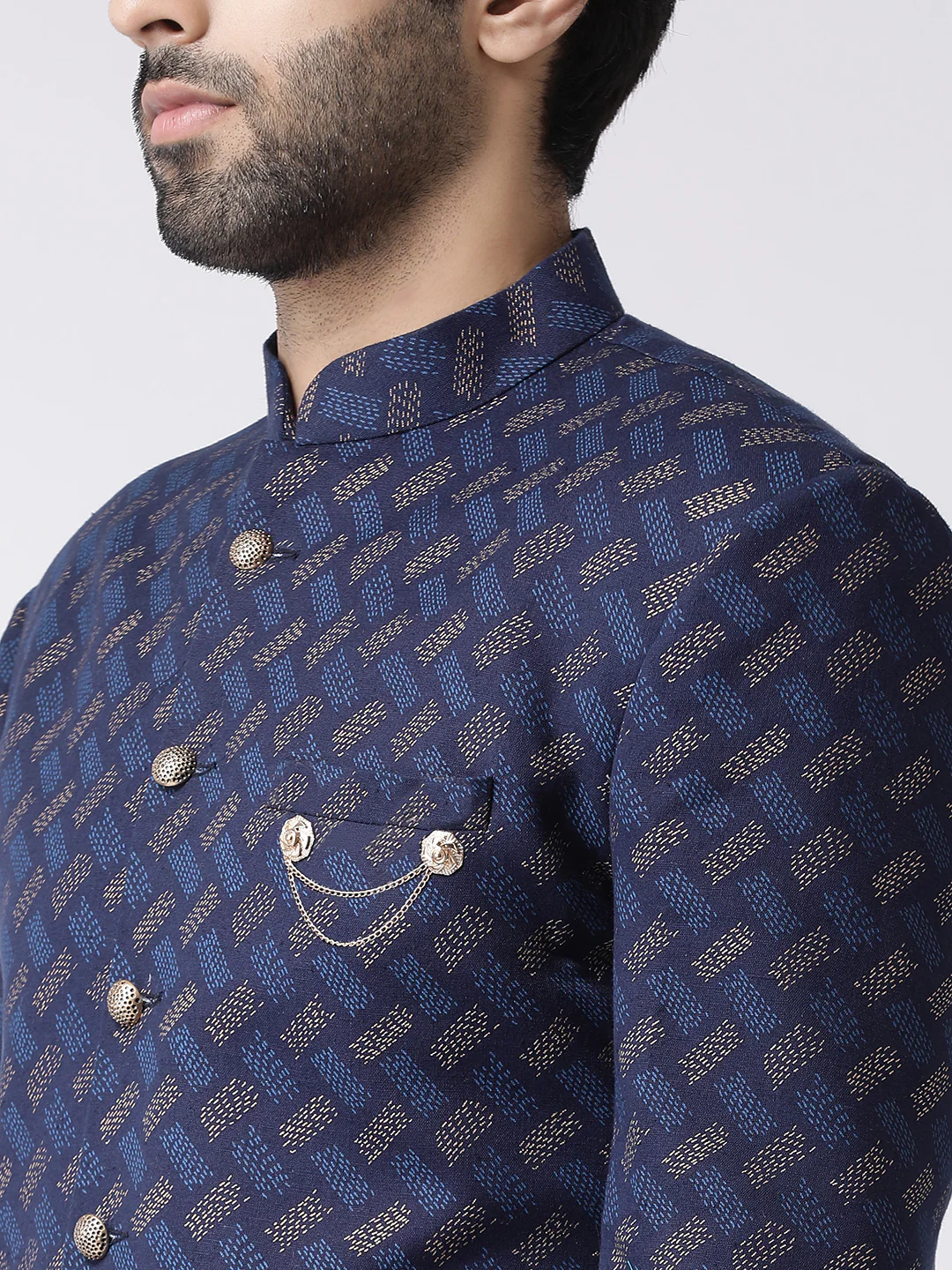 Navy Blue Jacquard Sherwani with Beige Churidar - Image 4