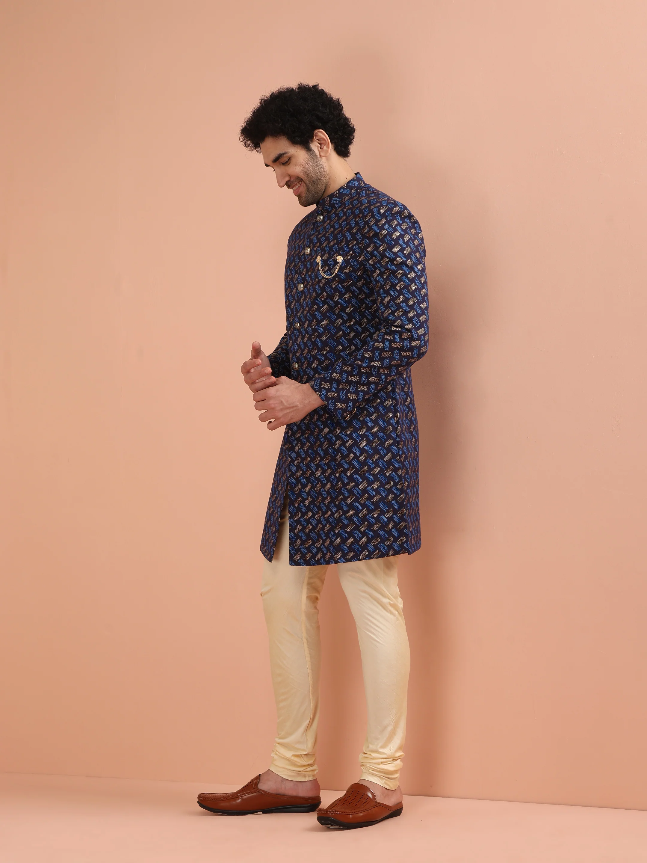 Navy Blue Jacquard Sherwani with Beige Churidar - Image 3