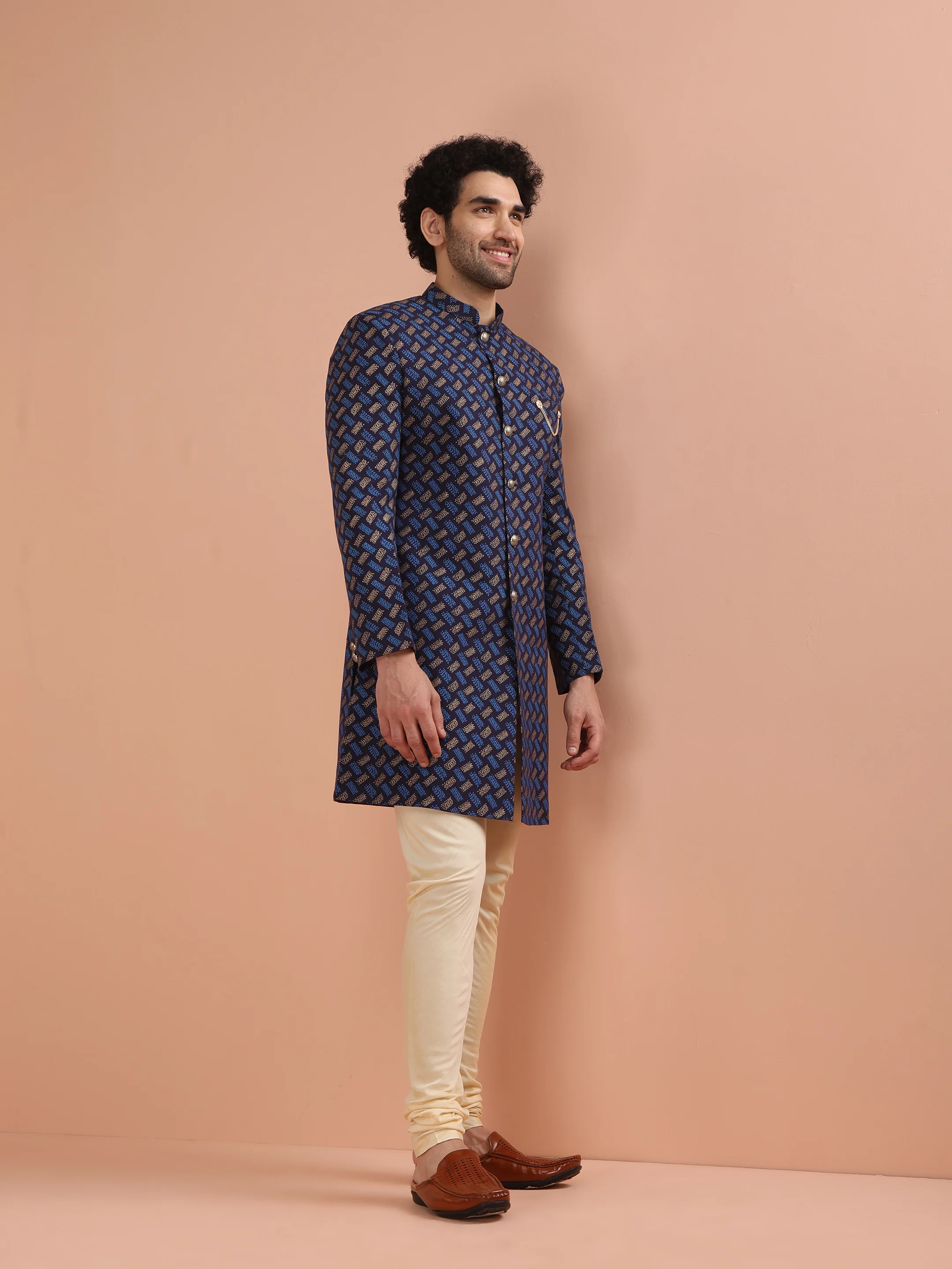 Navy Blue Jacquard Sherwani with Beige Churidar - Image 4