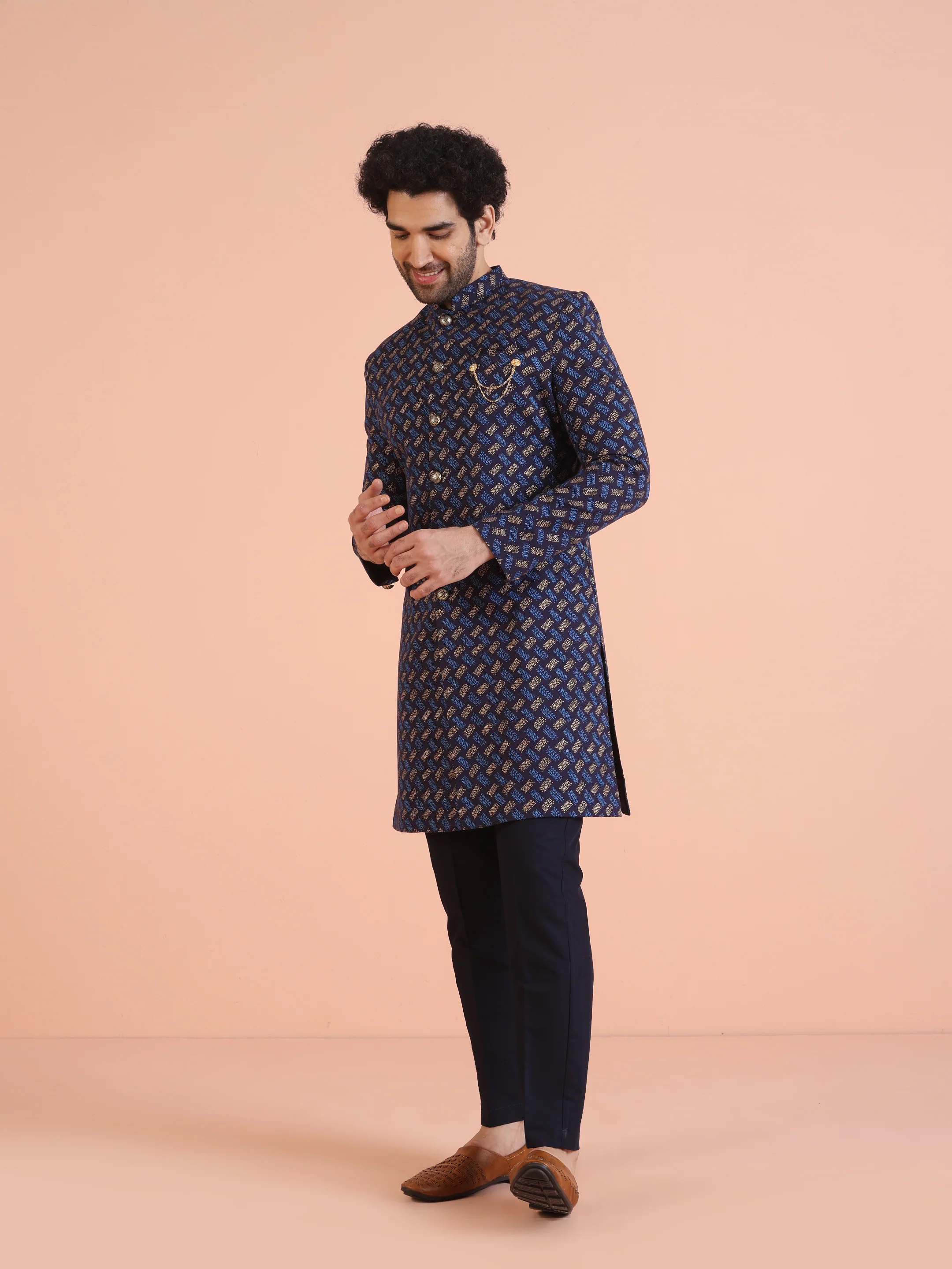 Navy Blue Printed Indo-Western Sherwani Set - Image 3