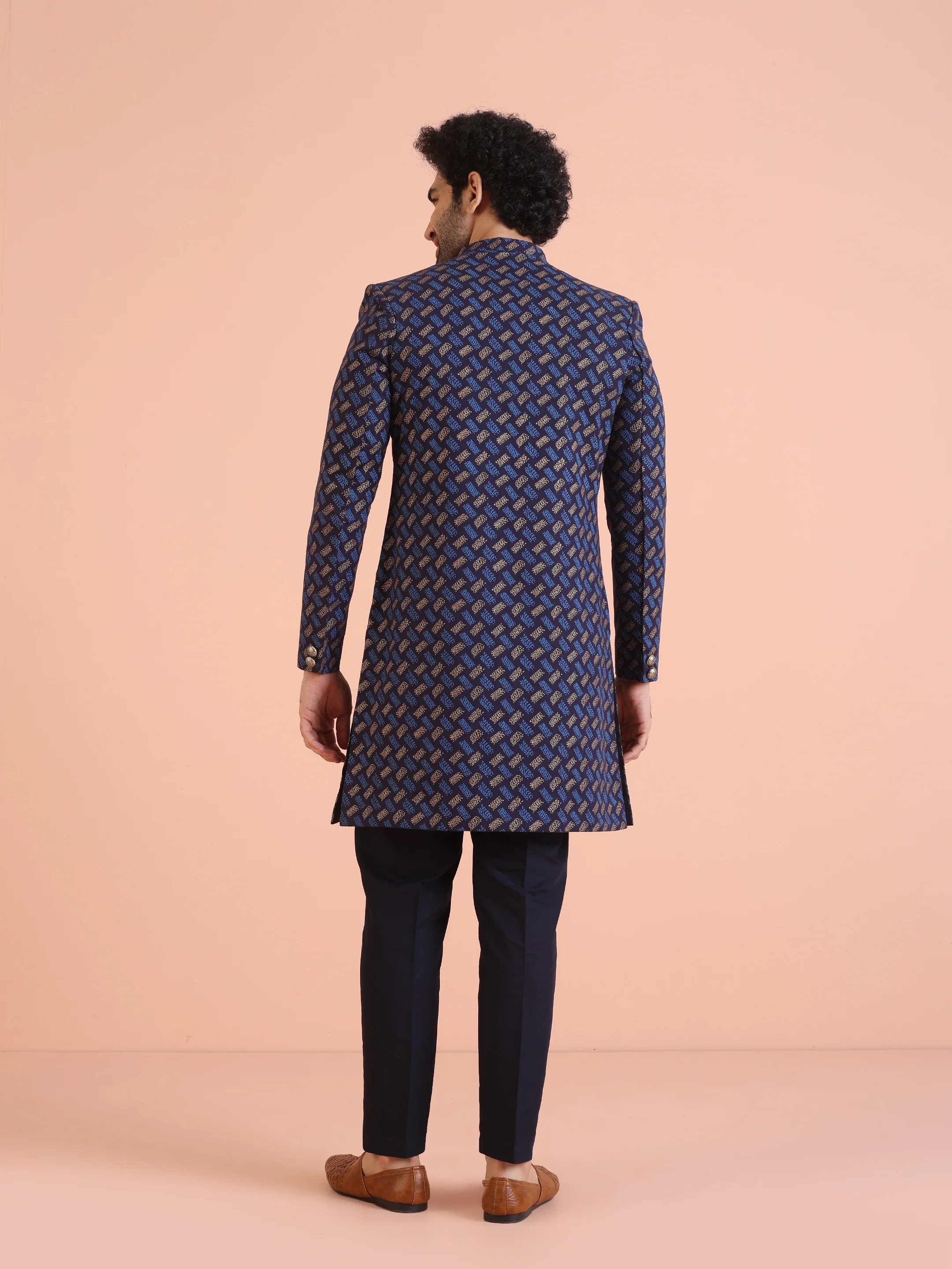 Navy Blue Printed Indo-Western Sherwani Set - Image 4