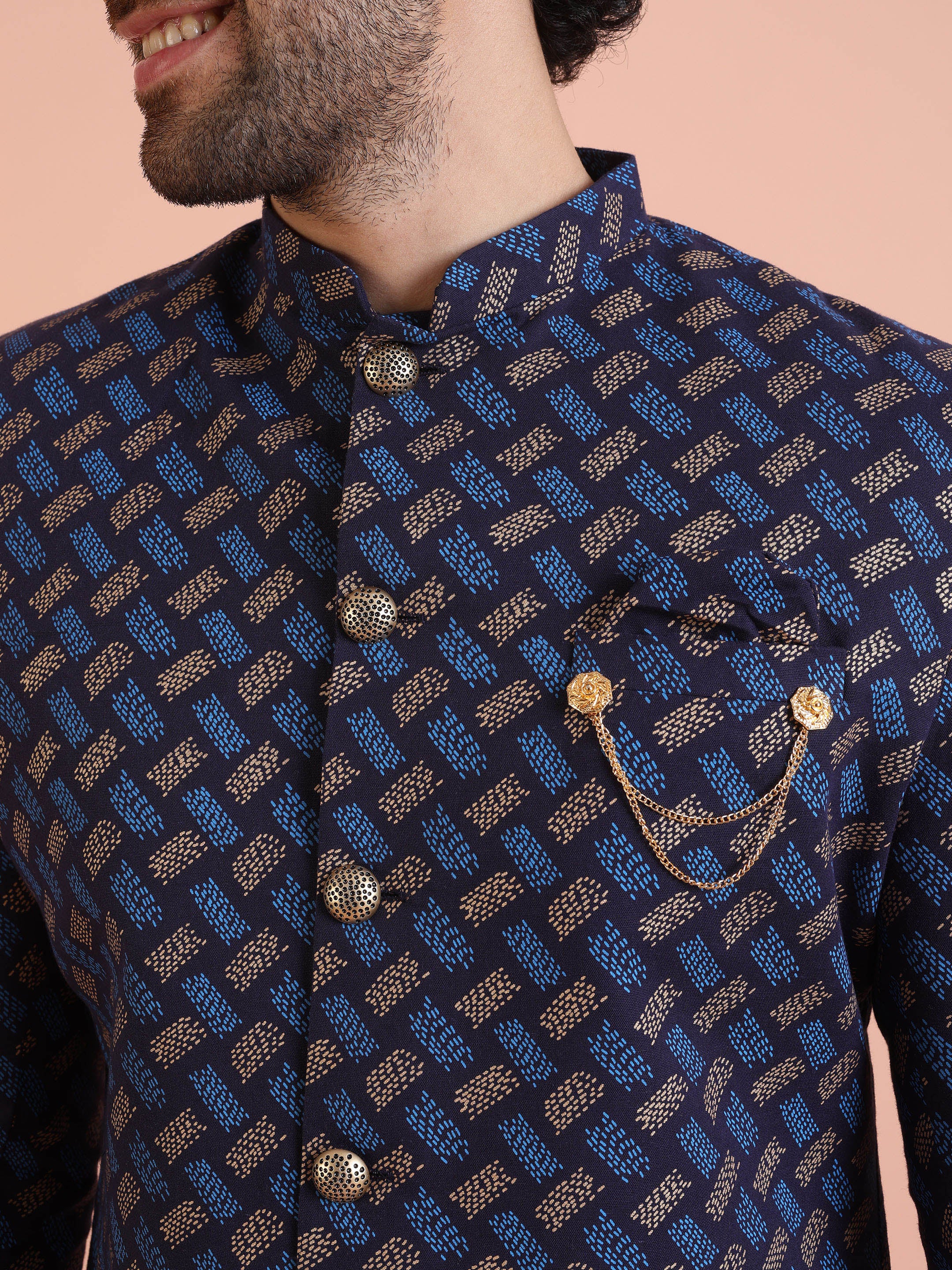 Navy Blue Printed Indo-Western Sherwani Set - Image 5