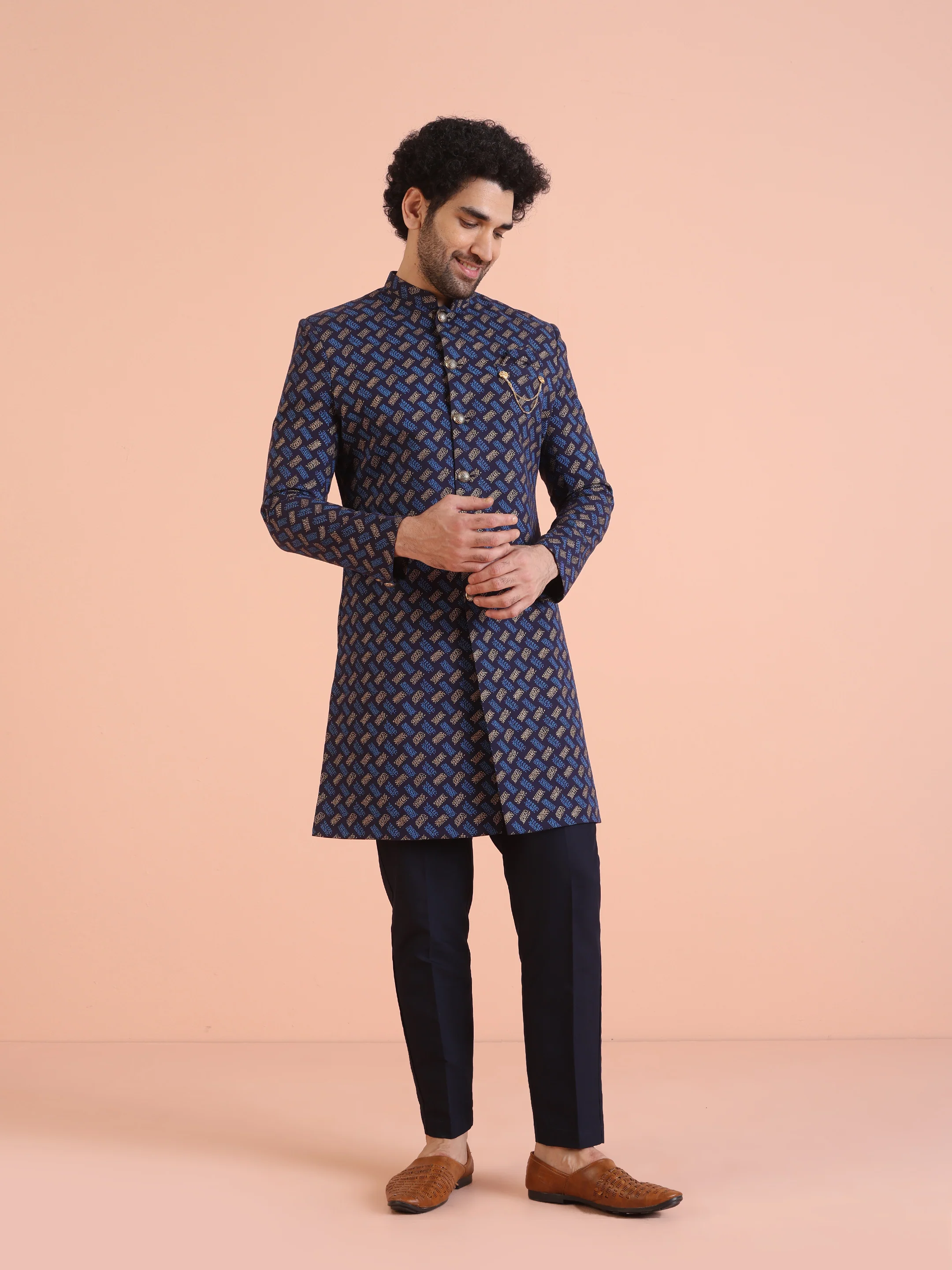 Navy Blue Printed Indo-Western Sherwani Set - Image 8