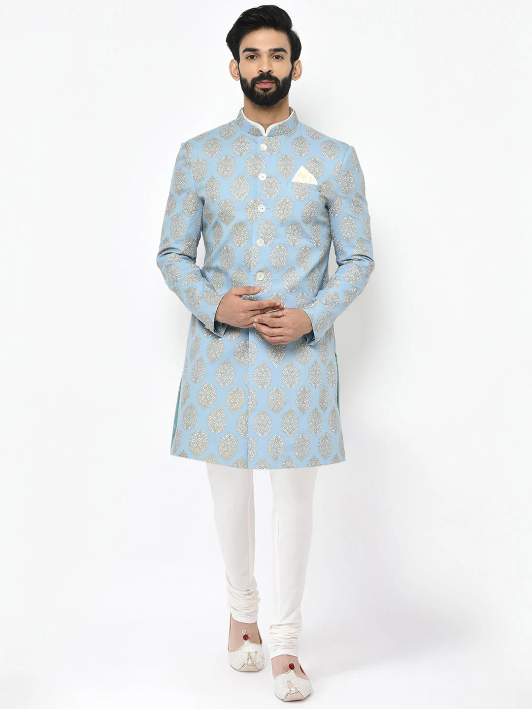 Light Blue Jacquard Sherwani with Cream Churidar