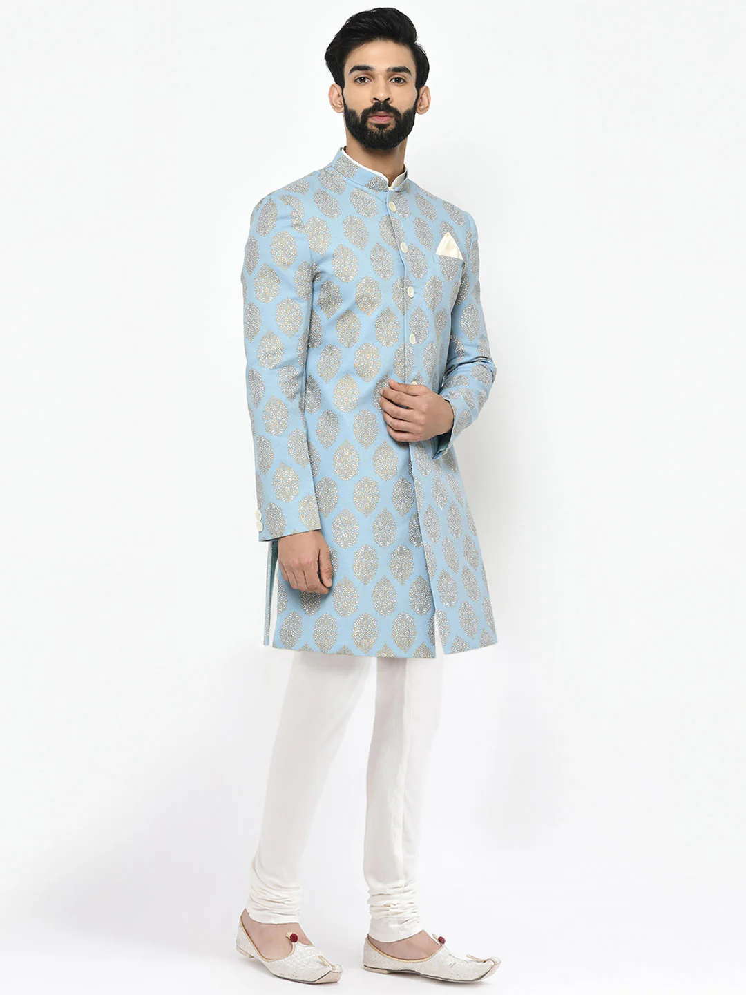 Light Blue Jacquard Sherwani with Cream Churidar - Image 2