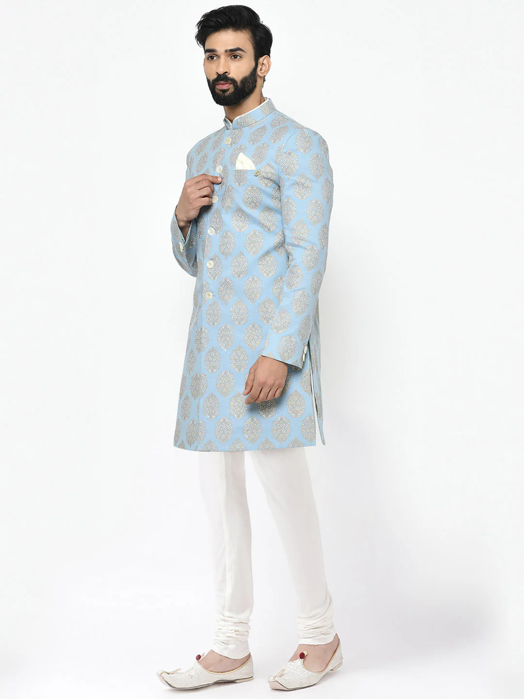 Light Blue Jacquard Sherwani with Cream Churidar - Image 3