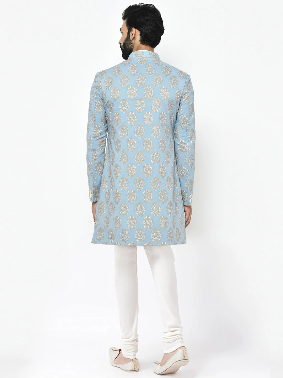 Light Blue Jacquard Sherwani with Cream Churidar - Image 4