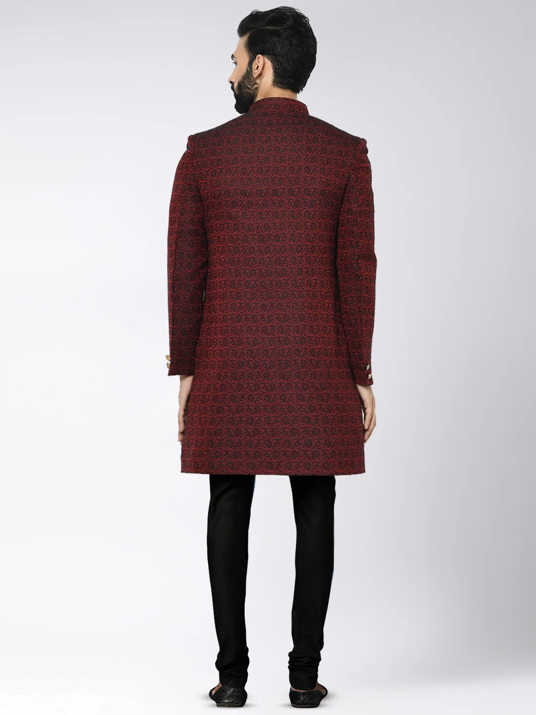 Men Maroon Textured Indowestern Churidar Set - Image 3
