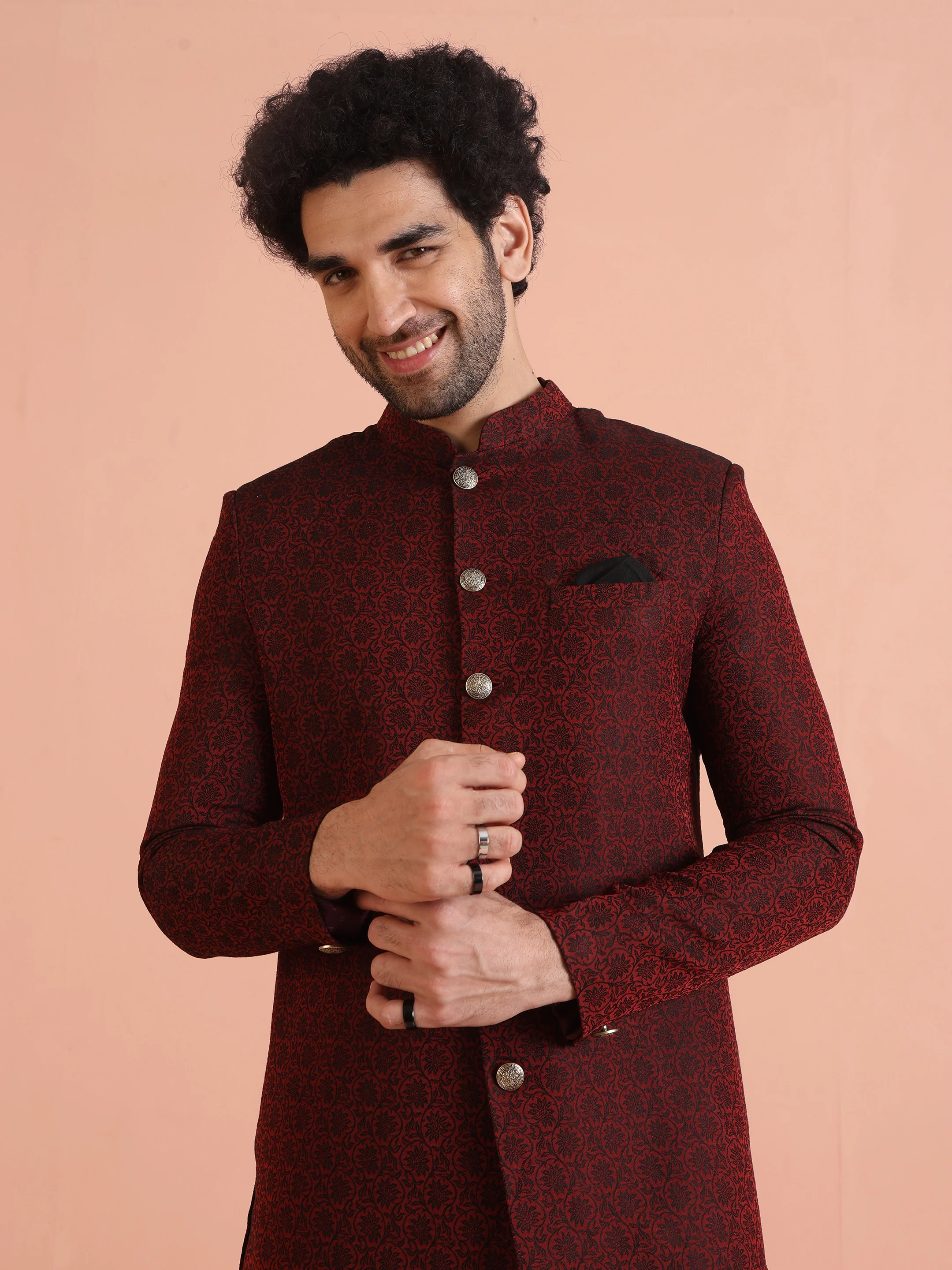 Maroon Jacquard Sherwani with Black Trouser - Image 6