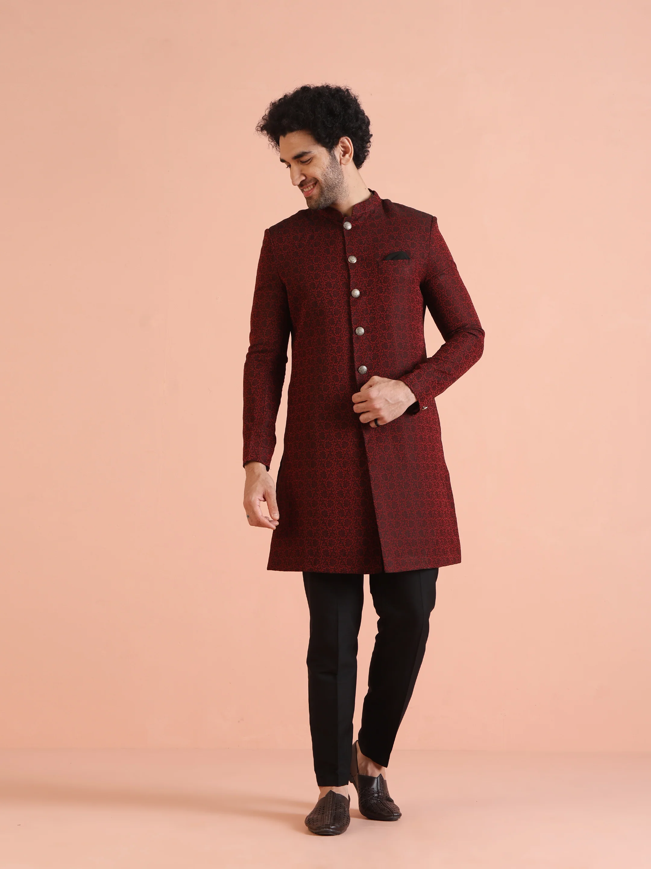 Maroon Jacquard Sherwani with Black Trouser - Image 8