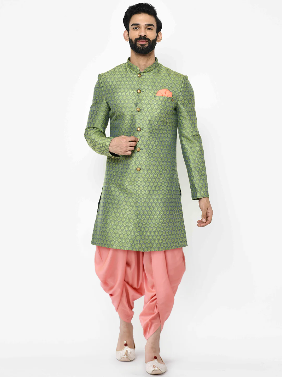 Men's Green Indowestern Set With Dhoti