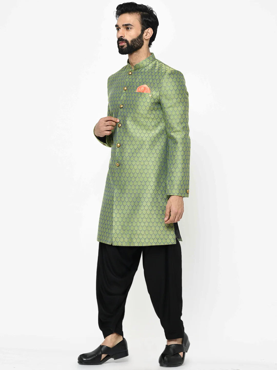 Men's Green Indowestern Set With Patiala - Image 3