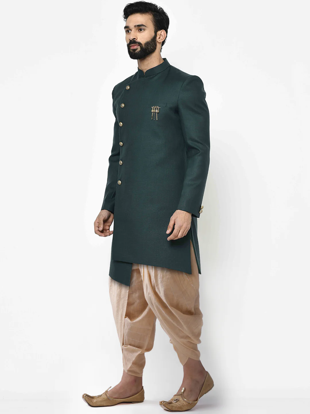 Dark Green Solid Sherwani with Golden Dhoti - Image 3