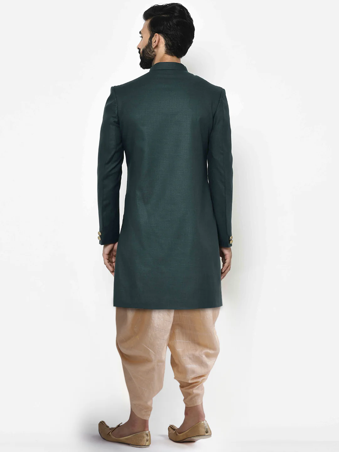 Dark Green Solid Sherwani with Golden Dhoti - Image 4