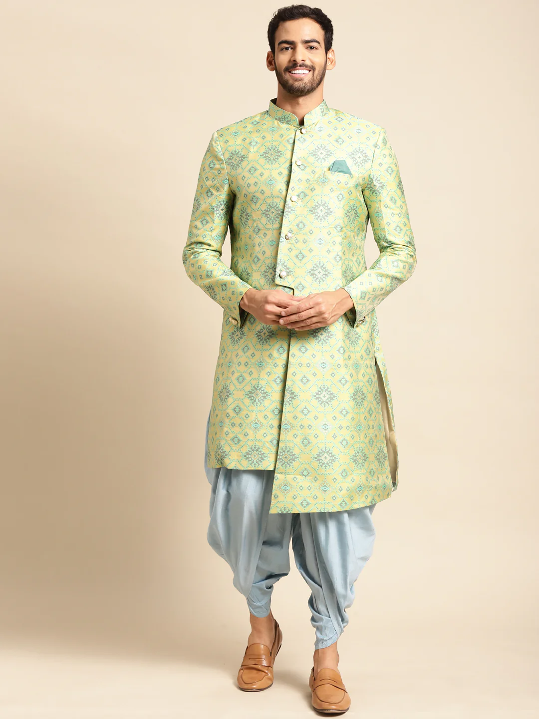 Kisah Men's Yellow Indowestern Set With Dhoti