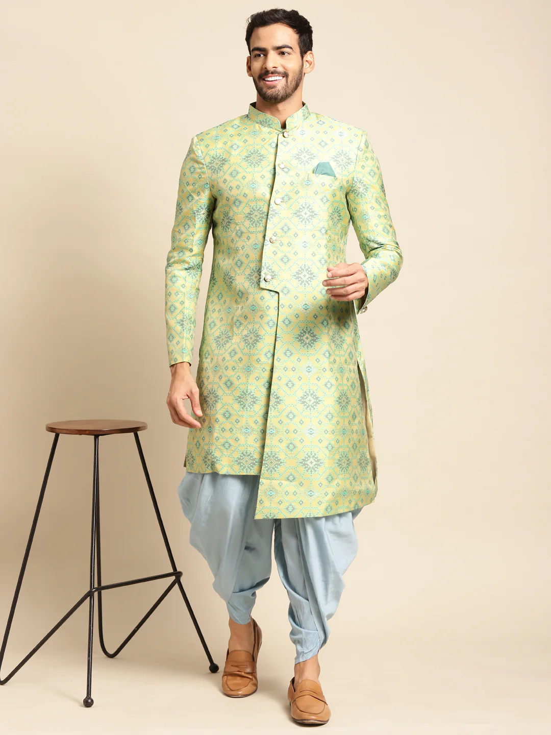 Kisah Men's Yellow Indowestern Set With Dhoti - Image 2