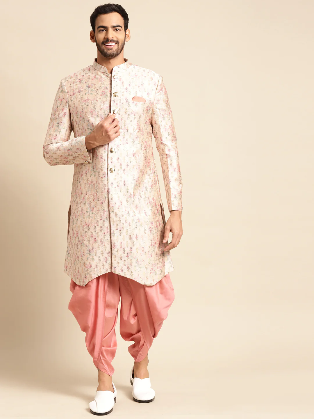 Men's Cream Indowestern Set With Dhoti - Image 6