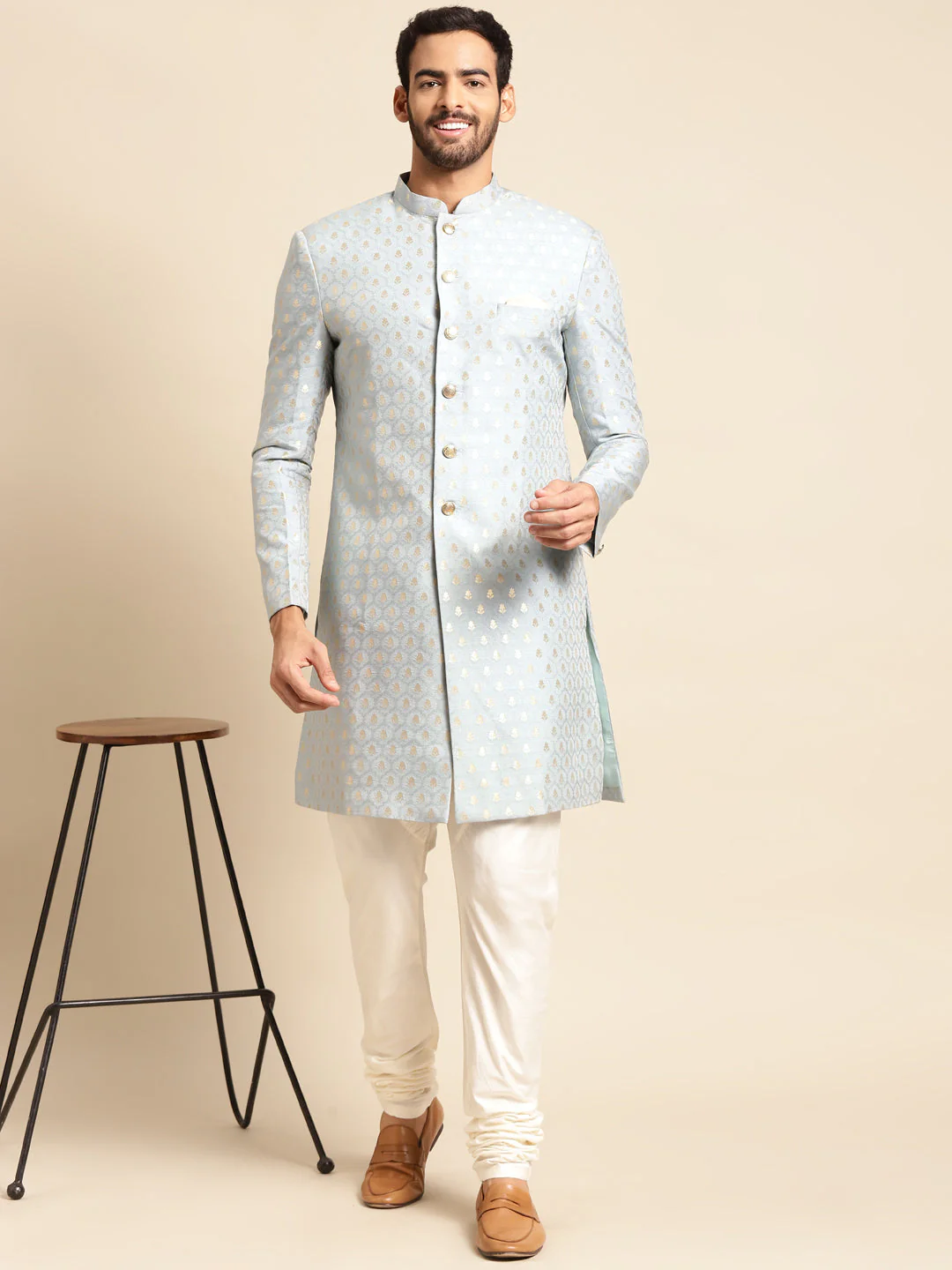 Men Blue Textured Indowestern Churidar Set - Image 6