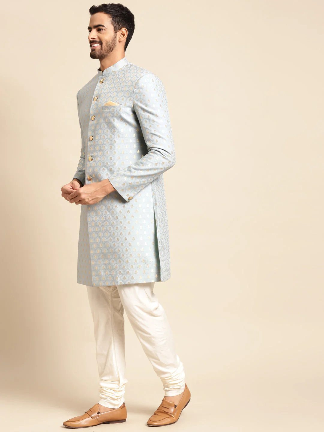Men Blue Textured Indowestern Churidar Set - Image 8