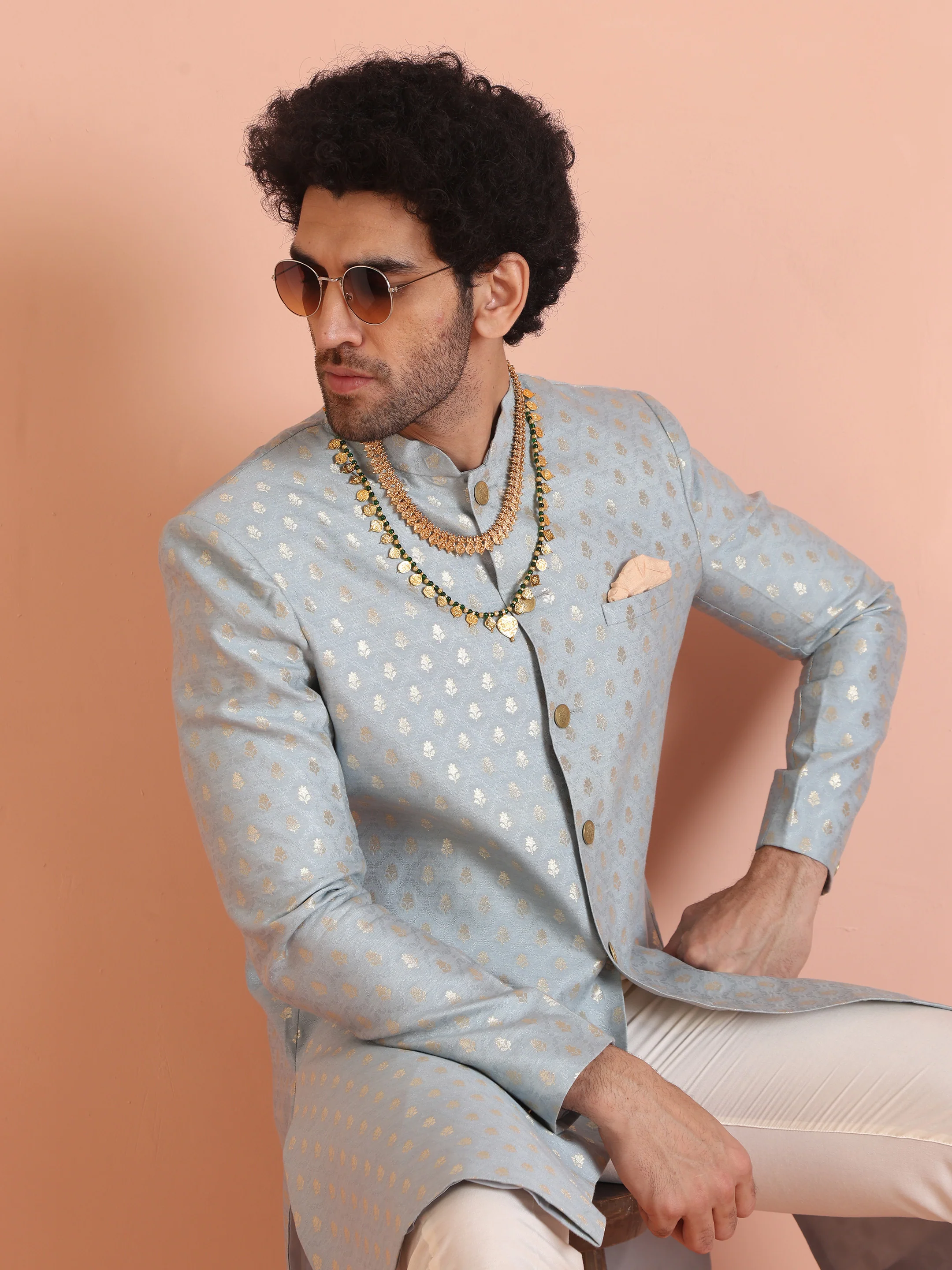 Men Blue Textured Indowestern Trouser Set - Image 8