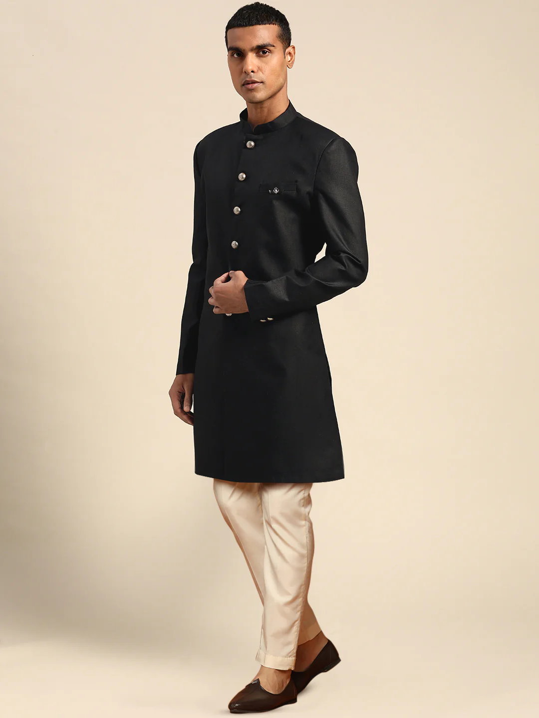 Men Black Solid Indowestern Trouser with Dupatta Set - Image 4