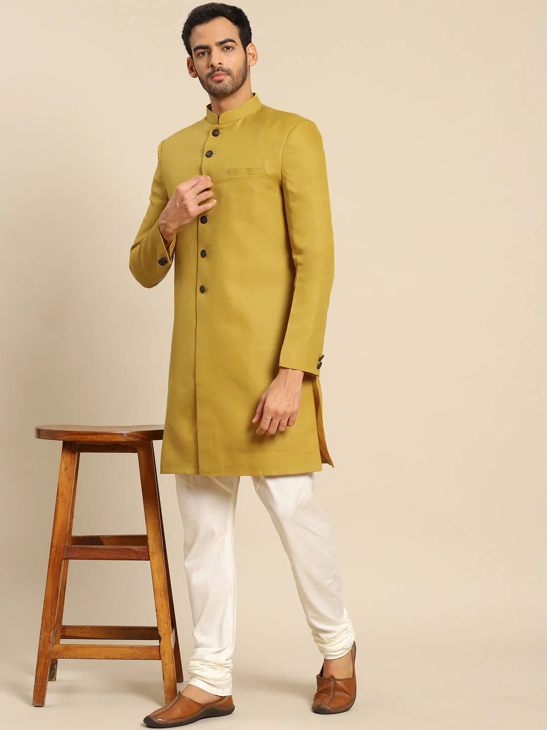 Men Mustard Yellow Solid Indowestern Churidar Set - Image 2