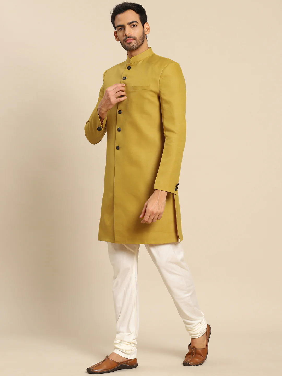 Men Mustard Yellow Solid Indowestern Churidar Set - Image 3
