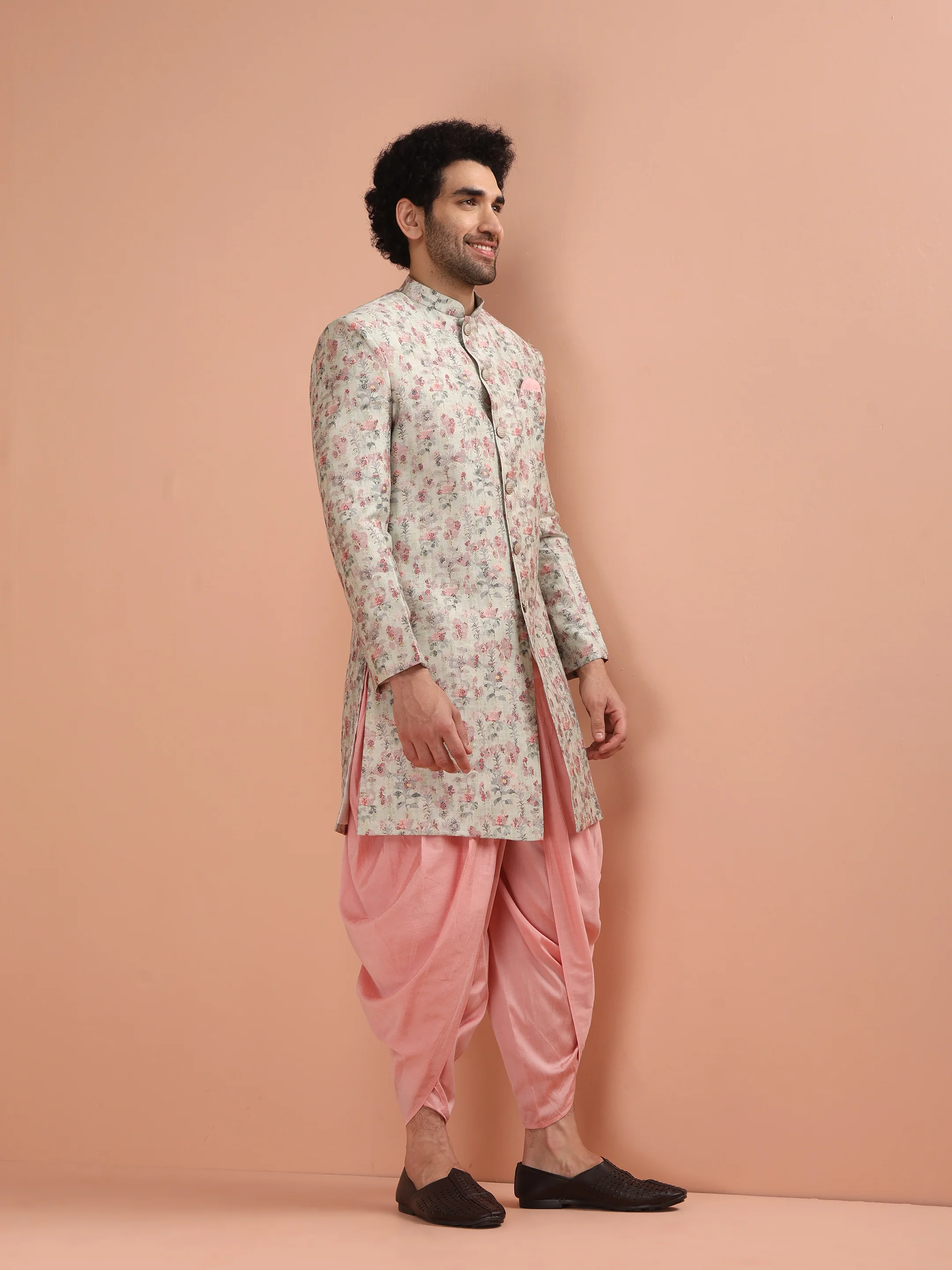 Beige Silk Blend Floral Achkan Sherwani with Pink Dhoti - Image 3
