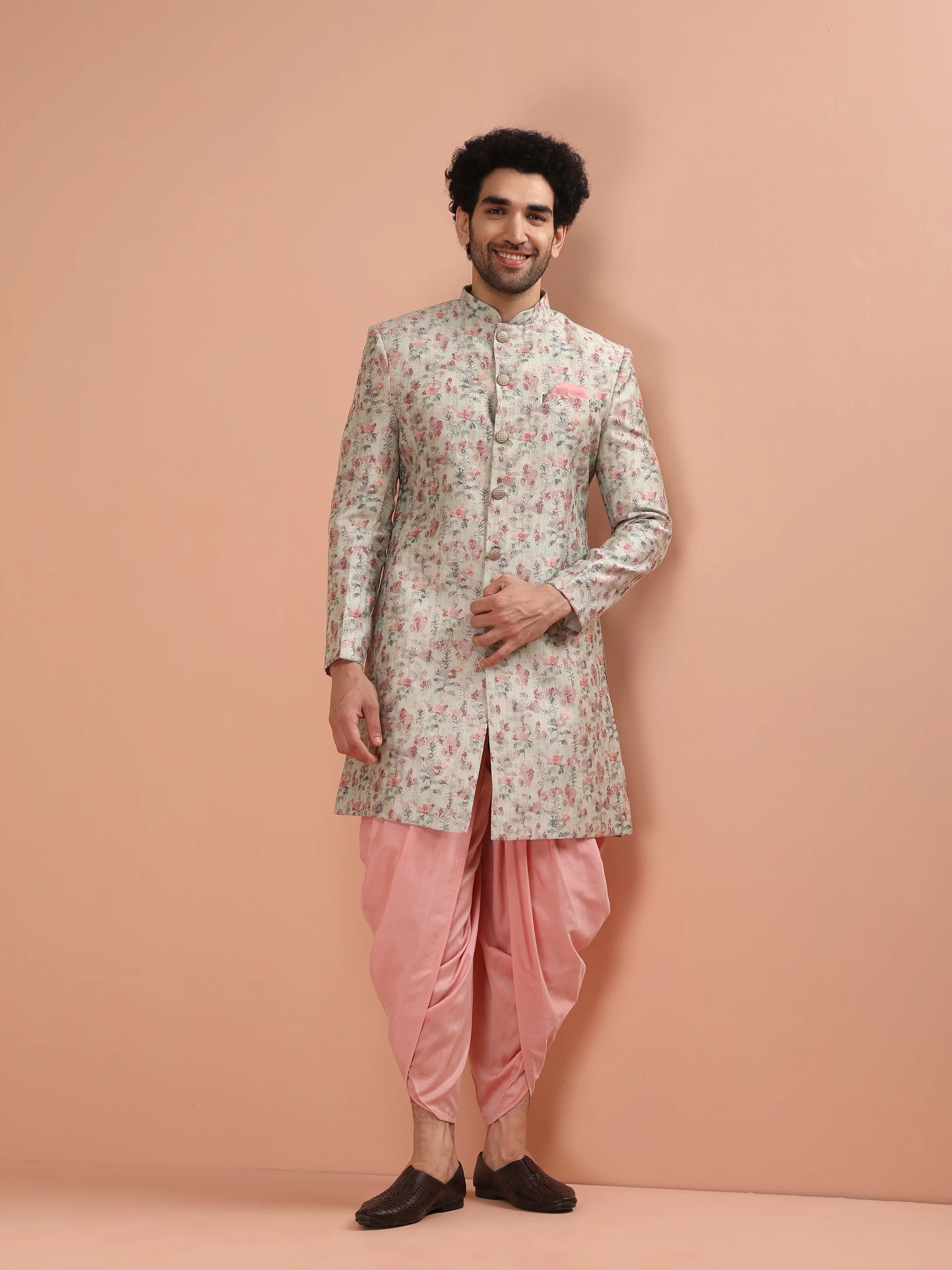 Beige Silk Blend Floral Achkan Sherwani with Pink Dhoti - Image 6