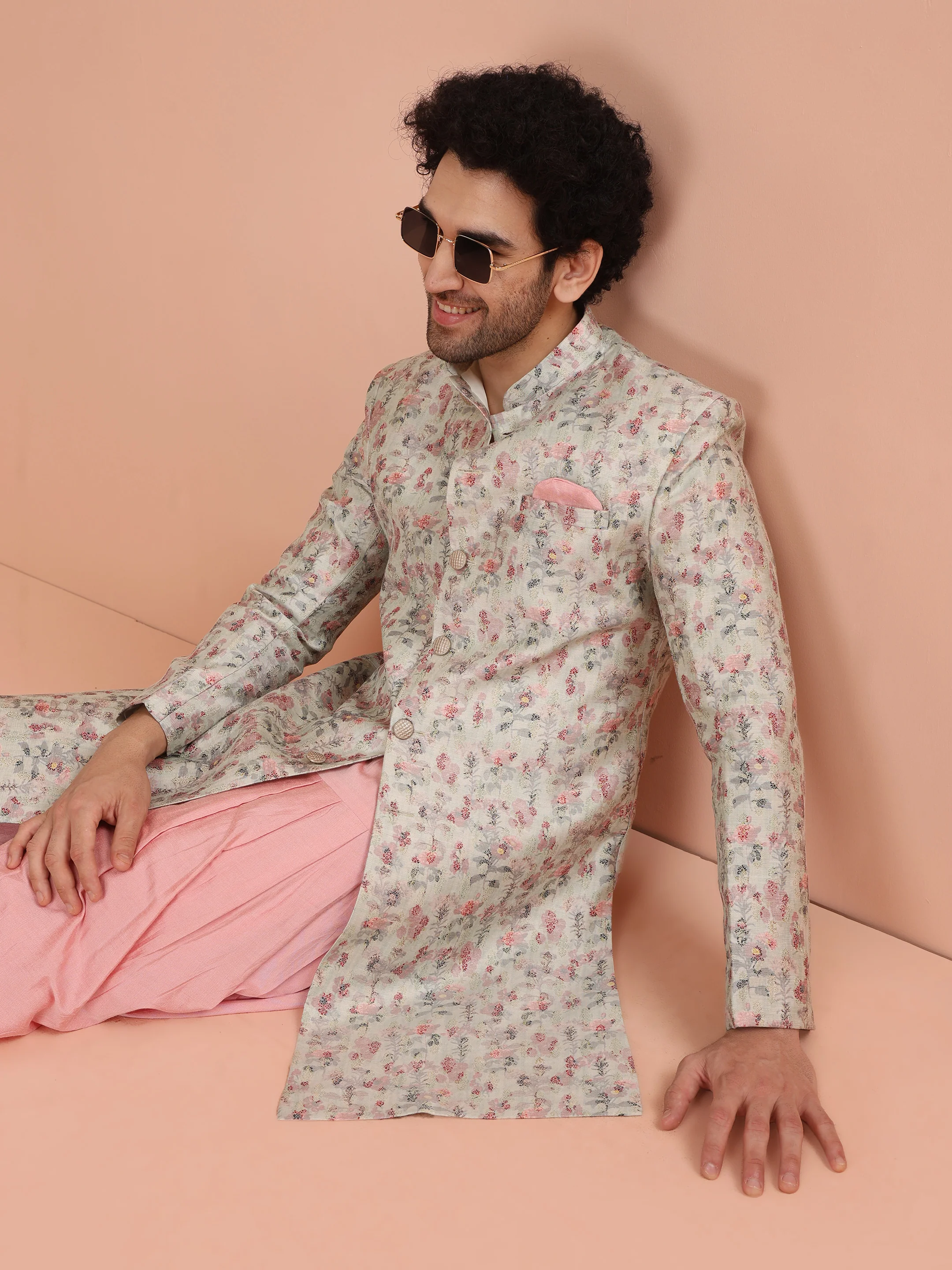 Beige Silk Blend Floral Achkan Sherwani with Pink Dhoti - Image 7